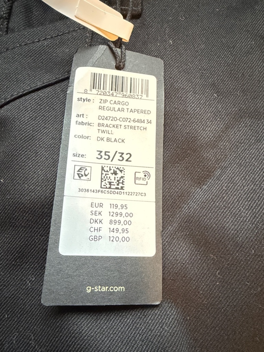 G-Star DK Black Zip Cargo Regular Tapered Pants